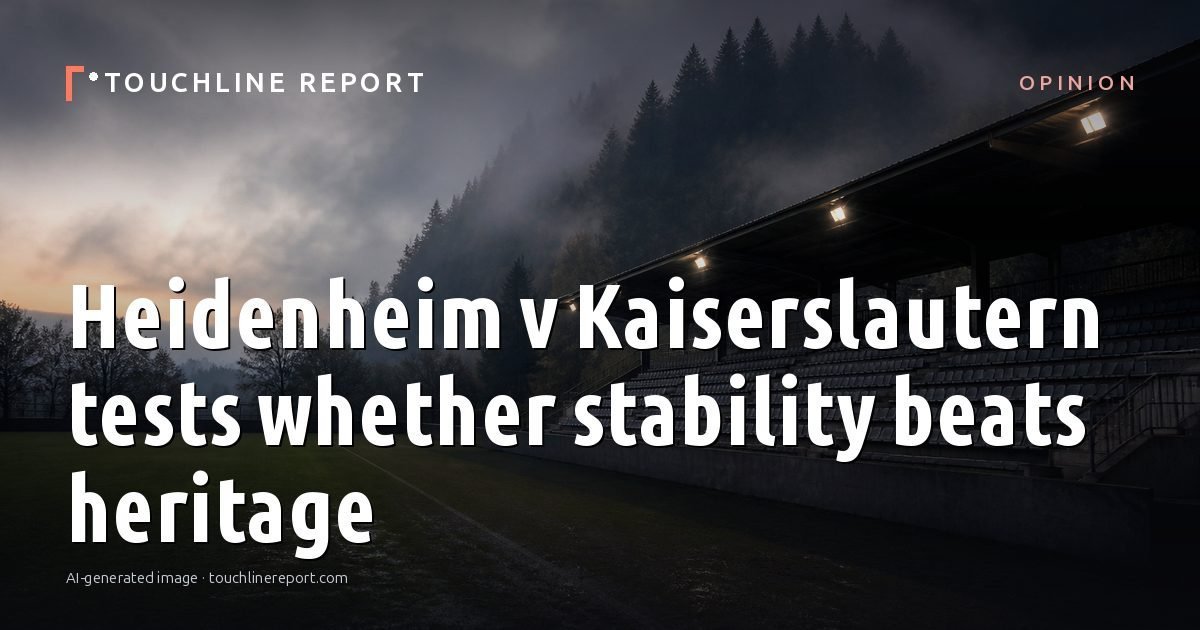 Illustration for the Opinion article “Heidenheim v Kaiserslautern tests whether stability beats heritage”: an AI-generated editorial illustration showing an empty training ground at dawn with cones and markers laid out, with the headline set over it. Illustrative only, not a photograph of a real event.