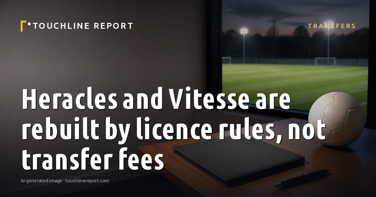 Illustration for the Transfers article “Heracles and Vitesse are rebuilt by licence rules, not transfer fees”: an AI-generated editorial illustration showing an empty training ground at dawn with cones and markers laid out, with the headline set over it. Illustrative only, not a photograph of a real event.