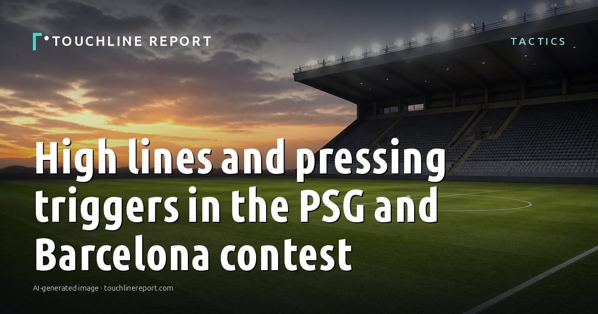 Illustration for the Tactics article “High lines and pressing triggers in the PSG and Barcelona contest”: an AI-generated editorial illustration showing an empty training ground at dawn with cones and markers laid out, with the headline set over it. Illustrative only, not a photograph of a real event.