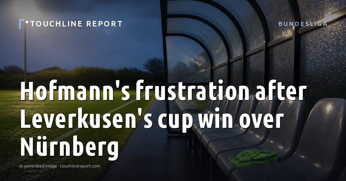 Illustration for the Bundesliga article “Hofmann's frustration after Leverkusen's cup win over Nürnberg”: an AI-generated editorial illustration showing a scene illustrating the subject of the article, with the headline set over it. Illustrative only, not a photograph of a real event.