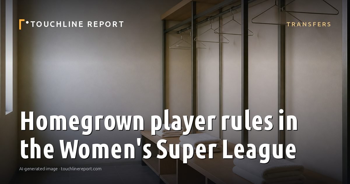 Illustration for the Transfers article “Homegrown player rules in the Women's Super League”: an AI-generated editorial illustration showing an empty training ground at dawn with cones and markers laid out, with the headline set over it. Illustrative only, not a photograph of a real event.