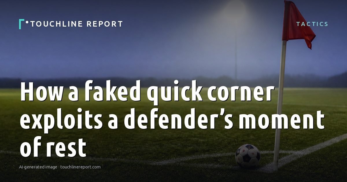 Illustration for the Tactics article “How a faked quick corner exploits a defender’s moment of rest”: an AI-generated editorial illustration showing a scene illustrating the subject of the article, with the headline set over it. Illustrative only, not a photograph of a real event.