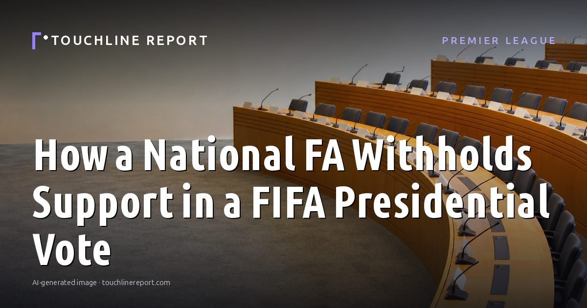 Illustration for the Premier League article “How a National FA Withholds Support in a FIFA Presidential Vote”: an AI-generated editorial illustration showing an empty training ground at dawn with cones and markers laid out, with the headline set over it. Illustrative only, not a photograph of a real event.
