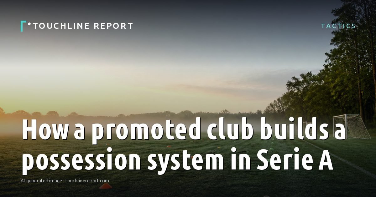 Illustration for the Tactics article “How a promoted club builds a possession system in Serie A”: an AI-generated editorial illustration showing an empty training ground at dawn with cones and markers laid out, with the headline set over it. Illustrative only, not a photograph of a real event.