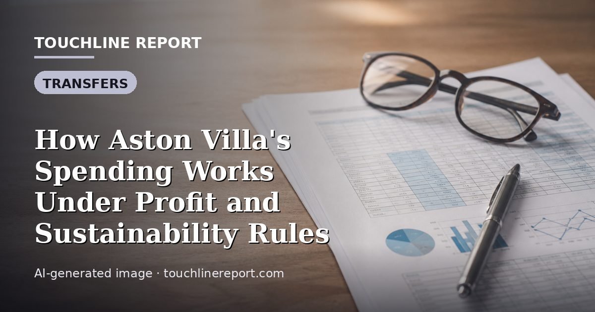 Illustration for the Transfers article “How Aston Villa's Spending Works Under Profit and Sustainability Rules”: an AI-generated editorial illustration showing a scene illustrating the subject of the article, with the headline set over it. Illustrative only, not a photograph of a real event.