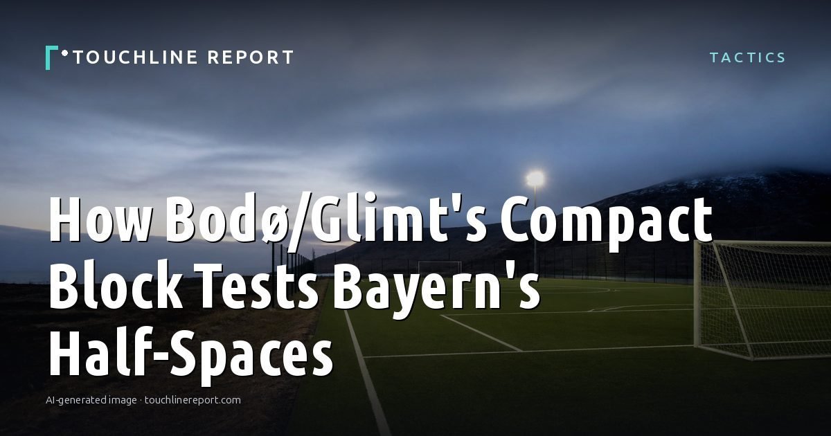 Illustration for the Tactics article “How Bodø/Glimt's Compact Block Tests Bayern's Half-Spaces”: an AI-generated editorial illustration showing a scene illustrating the subject of the article, with the headline set over it. Illustrative only, not a photograph of a real event.