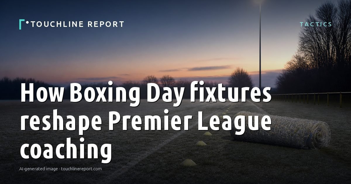 Illustration for the Tactics article “How Boxing Day fixtures reshape Premier League coaching”: an AI-generated editorial illustration showing a scene illustrating the subject of the article, with the headline set over it. Illustrative only, not a photograph of a real event.