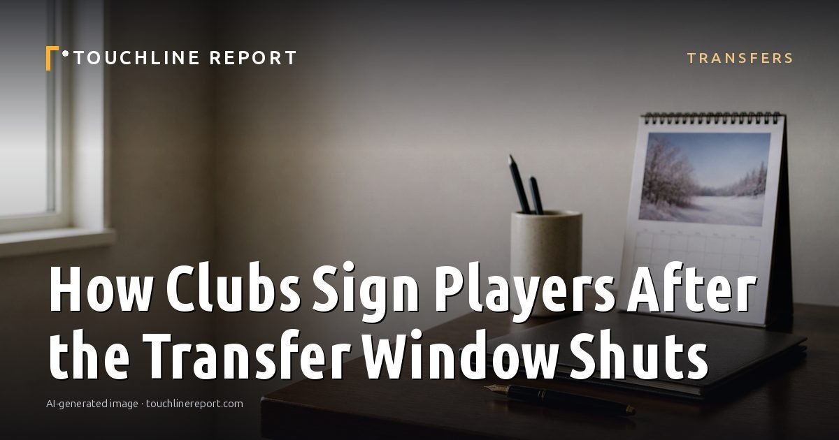 Illustration for the Transfers article “How Clubs Sign Players After the Transfer Window Shuts”: an AI-generated editorial illustration showing a scene illustrating the subject of the article, with the headline set over it. Illustrative only, not a photograph of a real event.