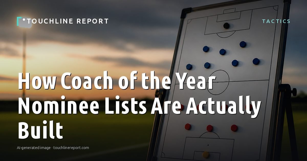 Illustration for the Tactics article “How Coach of the Year Nominee Lists Are Actually Built”: an AI-generated editorial illustration showing an empty training ground at dawn with cones and markers laid out, with the headline set over it. Illustrative only, not a photograph of a real event.