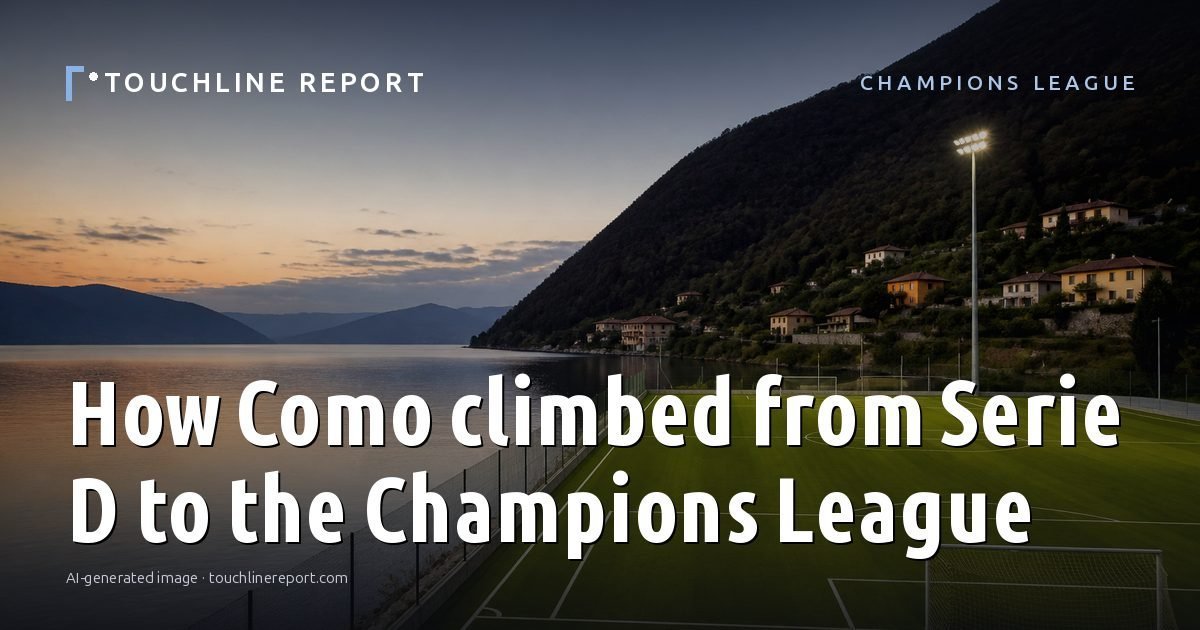 Illustration for the Champions League article “How Como climbed from Serie D to the Champions League”: an AI-generated editorial illustration showing an empty training ground at dawn with cones and markers laid out, with the headline set over it. Illustrative only, not a photograph of a real event.