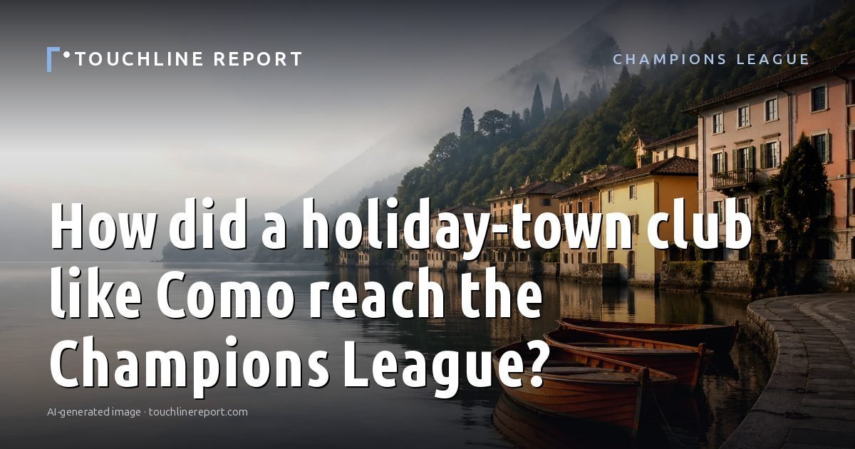 Illustration for the Champions League article “How did a holiday-town club like Como reach the Champions League?”: an AI-generated editorial illustration showing an empty training ground at dawn with cones and markers laid out, with the headline set over it. Illustrative only, not a photograph of a real event.