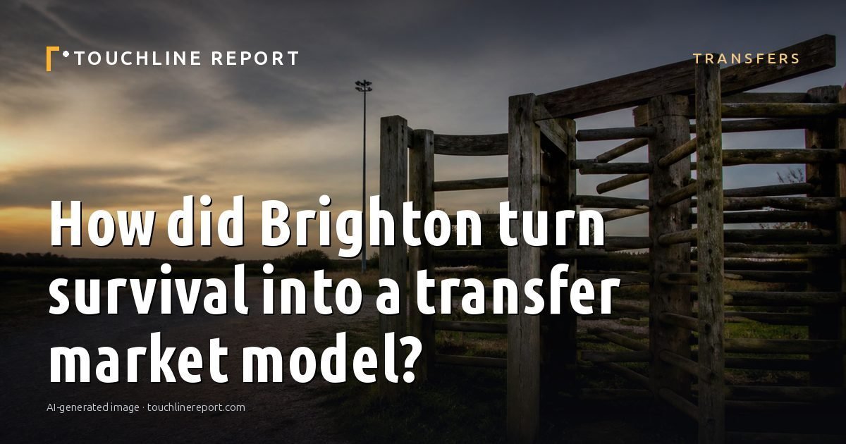 Illustration for the Transfers article “How did Brighton turn survival into a transfer market model?”: an AI-generated editorial illustration showing a scene illustrating the subject of the article, with the headline set over it. Illustrative only, not a photograph of a real event.