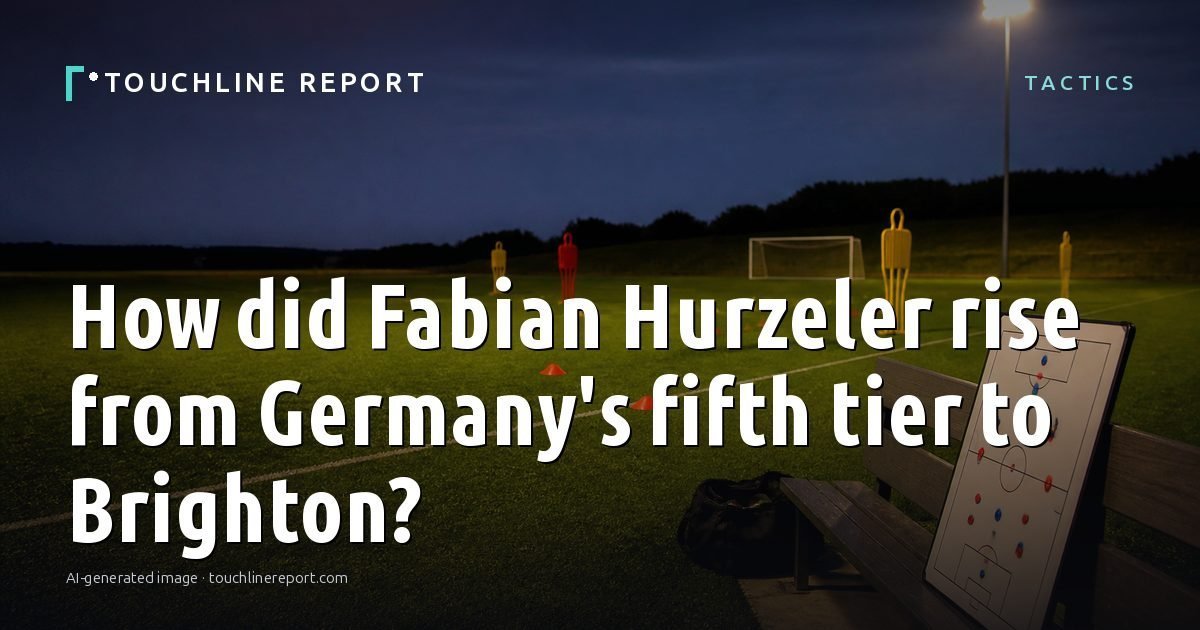 Illustration for the Tactics article “How did Fabian Hurzeler rise from Germany's fifth tier to Brighton?”: an AI-generated editorial illustration showing a scene illustrating the subject of the article, with the headline set over it. Illustrative only, not a photograph of a real event.