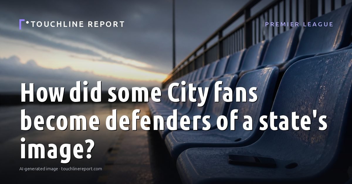 Illustration for the Premier League article “How did some City fans become defenders of a state's image?”: an AI-generated editorial illustration showing an empty training ground at dawn with cones and markers laid out, with the headline set over it. Illustrative only, not a photograph of a real event.