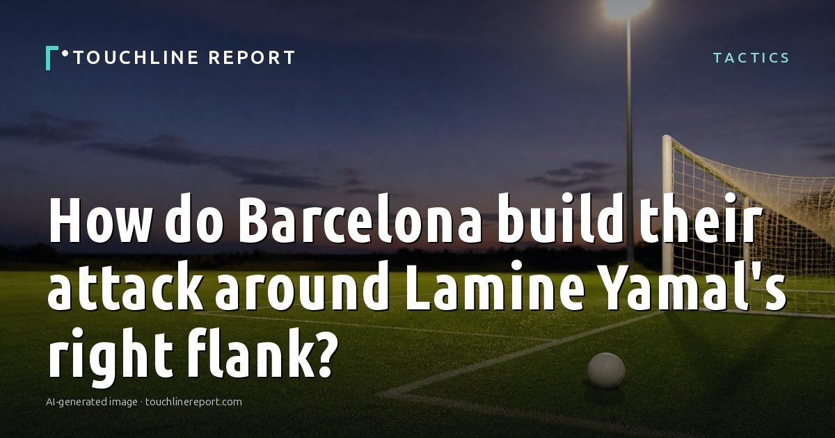 Illustration for the Tactics article “How do Barcelona build their attack around Lamine Yamal's right flank?”: an AI-generated editorial illustration showing a scene illustrating the subject of the article, with the headline set over it. Illustrative only, not a photograph of a real event.