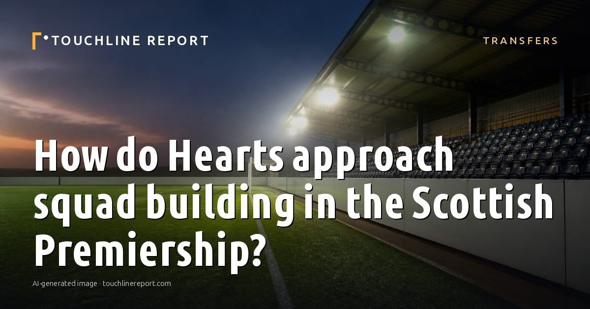 Illustration for the Transfers article “How do Hearts approach squad building in the Scottish Premiership?”: an AI-generated editorial illustration showing a scene illustrating the subject of the article, with the headline set over it. Illustrative only, not a photograph of a real event.
