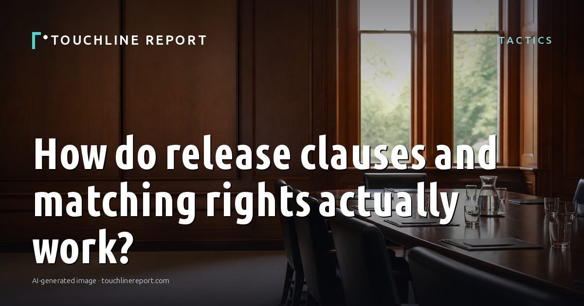 Illustration for the Tactics article “How do release clauses and matching rights actually work?”: an AI-generated editorial illustration showing a scene illustrating the subject of the article, with the headline set over it. Illustrative only, not a photograph of a real event.