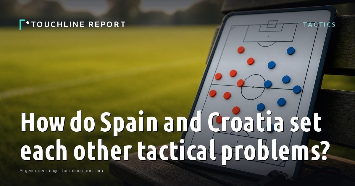 Illustration for the Tactics article “How do Spain and Croatia set each other tactical problems?”: an AI-generated editorial illustration showing an empty training ground at dawn with cones and markers laid out, with the headline set over it. Illustrative only, not a photograph of a real event.