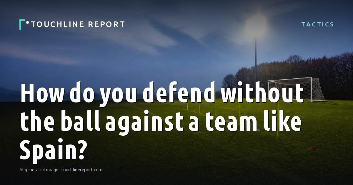 Illustration for the Tactics article “How do you defend without the ball against a team like Spain?”: an AI-generated editorial illustration showing a scene illustrating the subject of the article, with the headline set over it. Illustrative only, not a photograph of a real event.