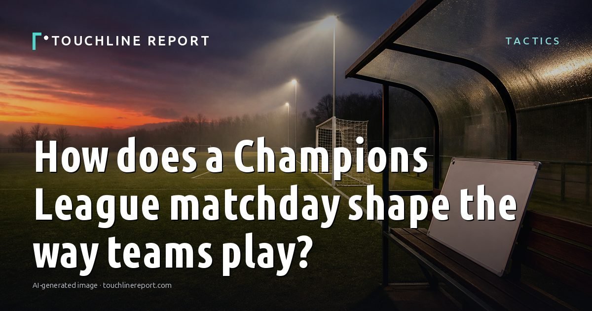 Illustration for the Tactics article “How does a Champions League matchday shape the way teams play?”: an AI-generated editorial illustration showing a scene illustrating the subject of the article, with the headline set over it. Illustrative only, not a photograph of a real event.