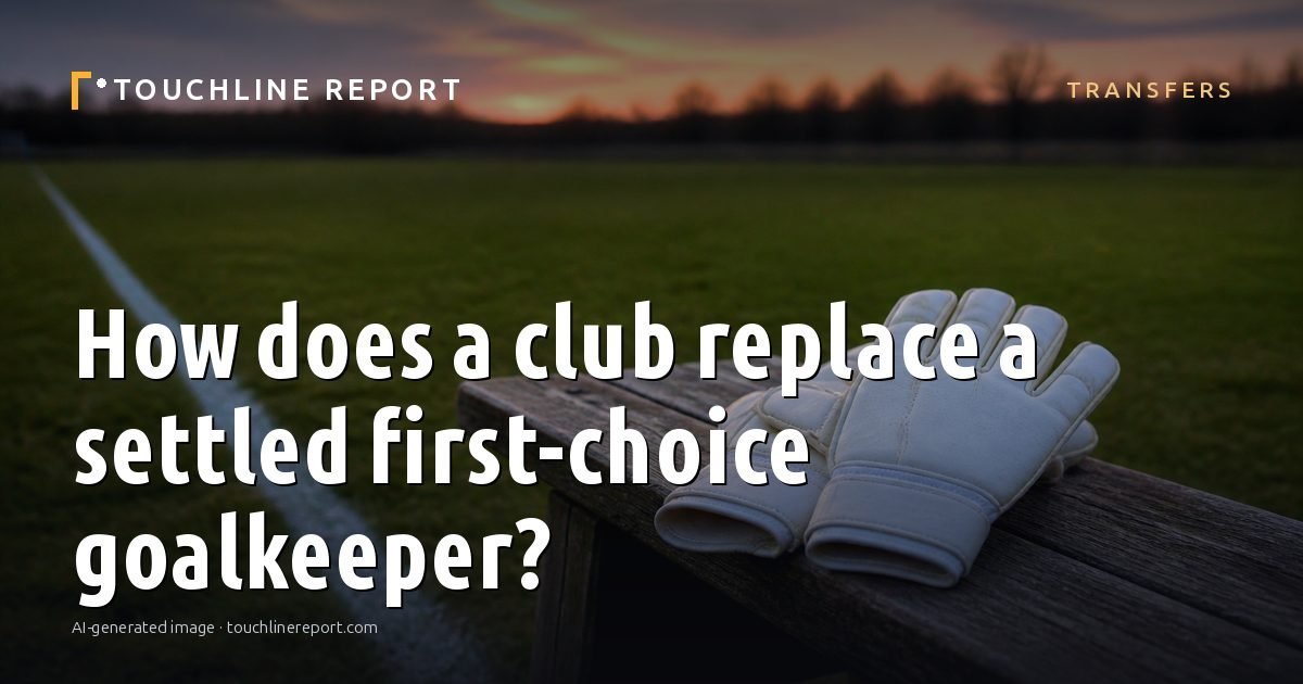 Illustration for the Transfers article “How does a club replace a settled first-choice goalkeeper?”: an AI-generated editorial illustration showing a scene illustrating the subject of the article, with the headline set over it. Illustrative only, not a photograph of a real event.
