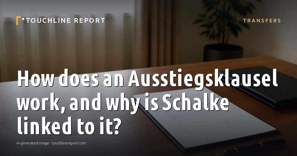 Illustration for the Transfers article “How does an Ausstiegsklausel work, and why is Schalke linked to it?”: an AI-generated editorial illustration showing an empty training ground at dawn with cones and markers laid out, with the headline set over it. Illustrative only, not a photograph of a real event.