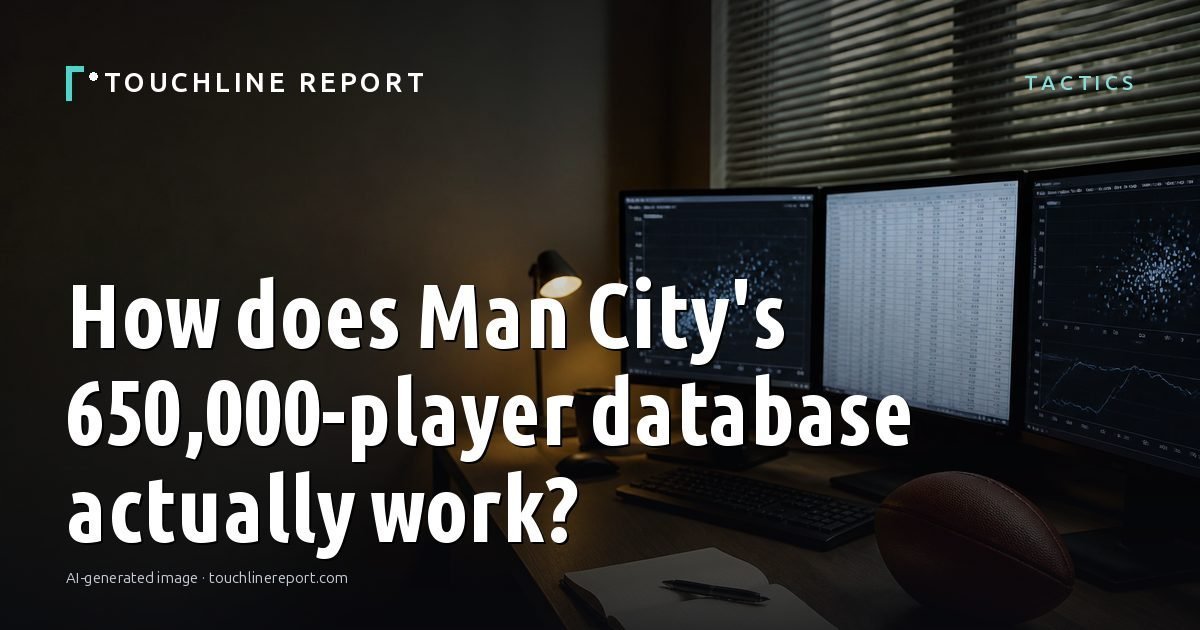 Illustration for the Tactics article “How does Man City's 650,000-player database actually work?”: an AI-generated editorial illustration showing a scene illustrating the subject of the article, with the headline set over it. Illustrative only, not a photograph of a real event.