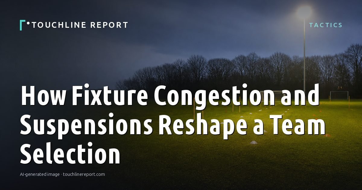 Illustration for the Tactics article “How Fixture Congestion and Suspensions Reshape a Team Selection”: an AI-generated editorial illustration showing a scene illustrating the subject of the article, with the headline set over it. Illustrative only, not a photograph of a real event.