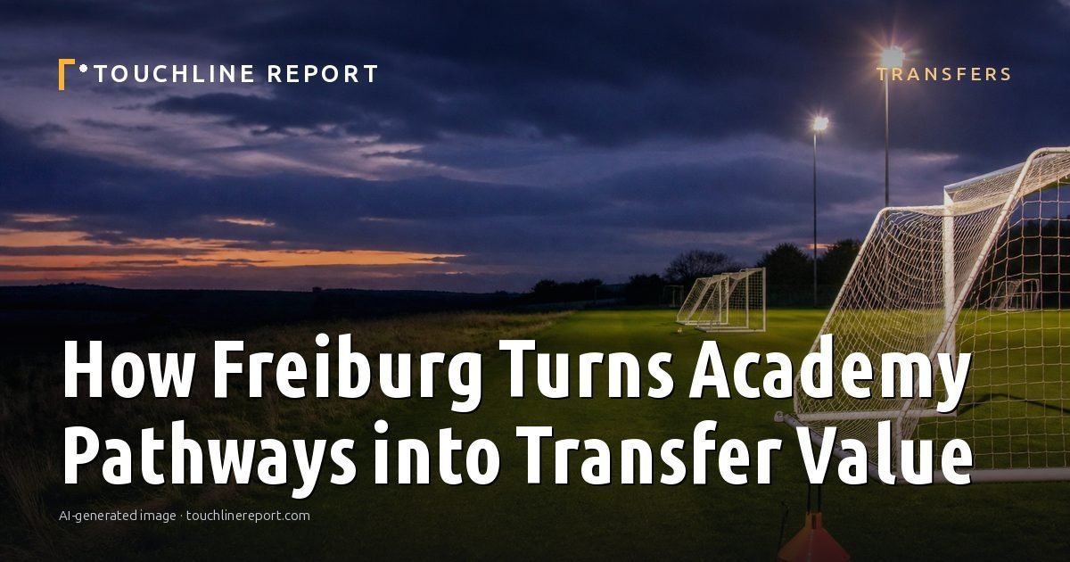 Illustration for the Transfers article “How Freiburg Turns Academy Pathways into Transfer Value”: an AI-generated editorial illustration showing an empty training ground at dawn with cones and markers laid out, with the headline set over it. Illustrative only, not a photograph of a real event.