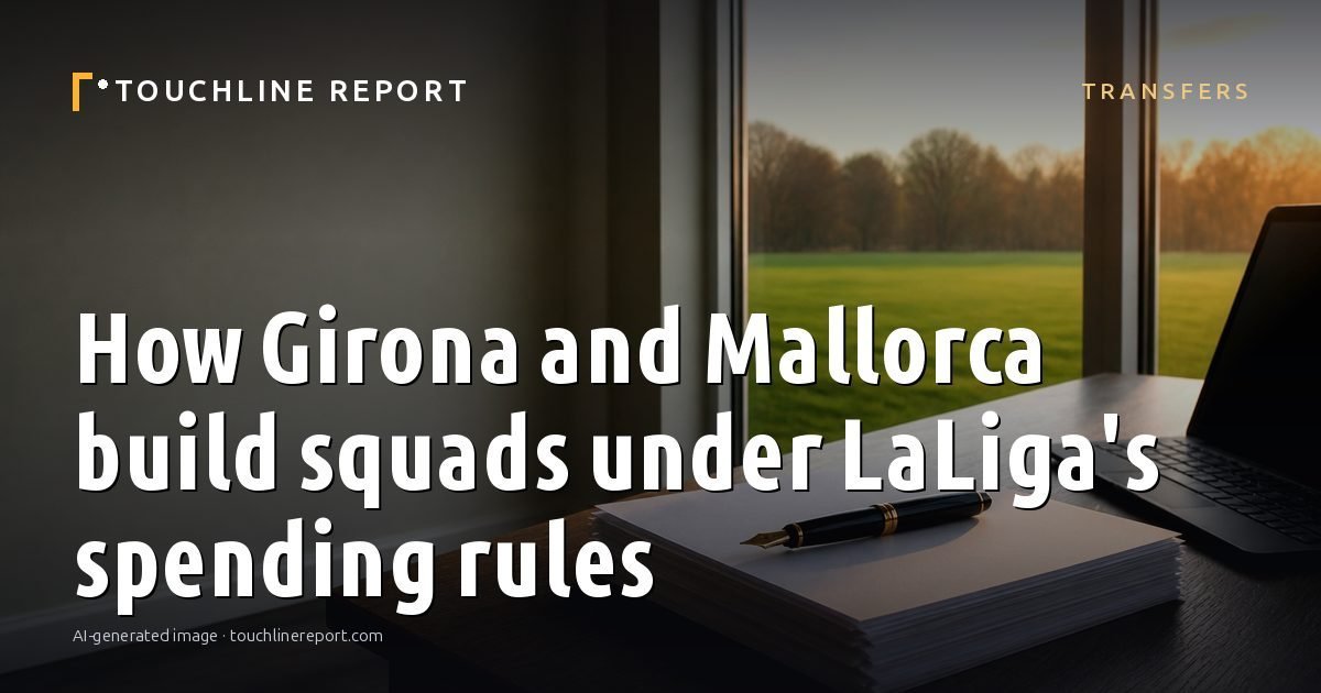 Illustration for the Transfers article “How Girona and Mallorca build squads under LaLiga's spending rules”: an AI-generated editorial illustration showing a scene illustrating the subject of the article, with the headline set over it. Illustrative only, not a photograph of a real event.