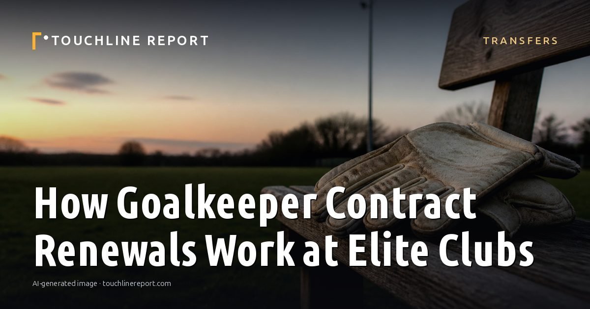 Illustration for the Transfers article “How Goalkeeper Contract Renewals Work at Elite Clubs”: an AI-generated editorial illustration showing a scene illustrating the subject of the article, with the headline set over it. Illustrative only, not a photograph of a real event.