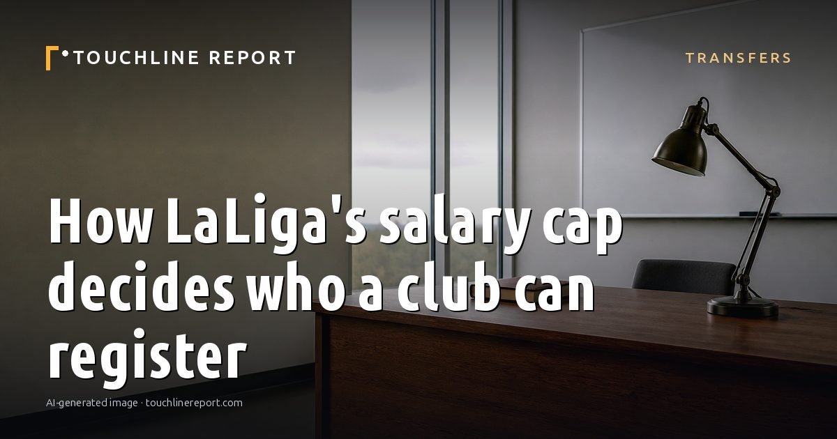 Illustration for the Transfers article “How LaLiga's salary cap decides who a club can register”: an AI-generated editorial illustration showing an empty training ground at dawn with cones and markers laid out, with the headline set over it. Illustrative only, not a photograph of a real event.
