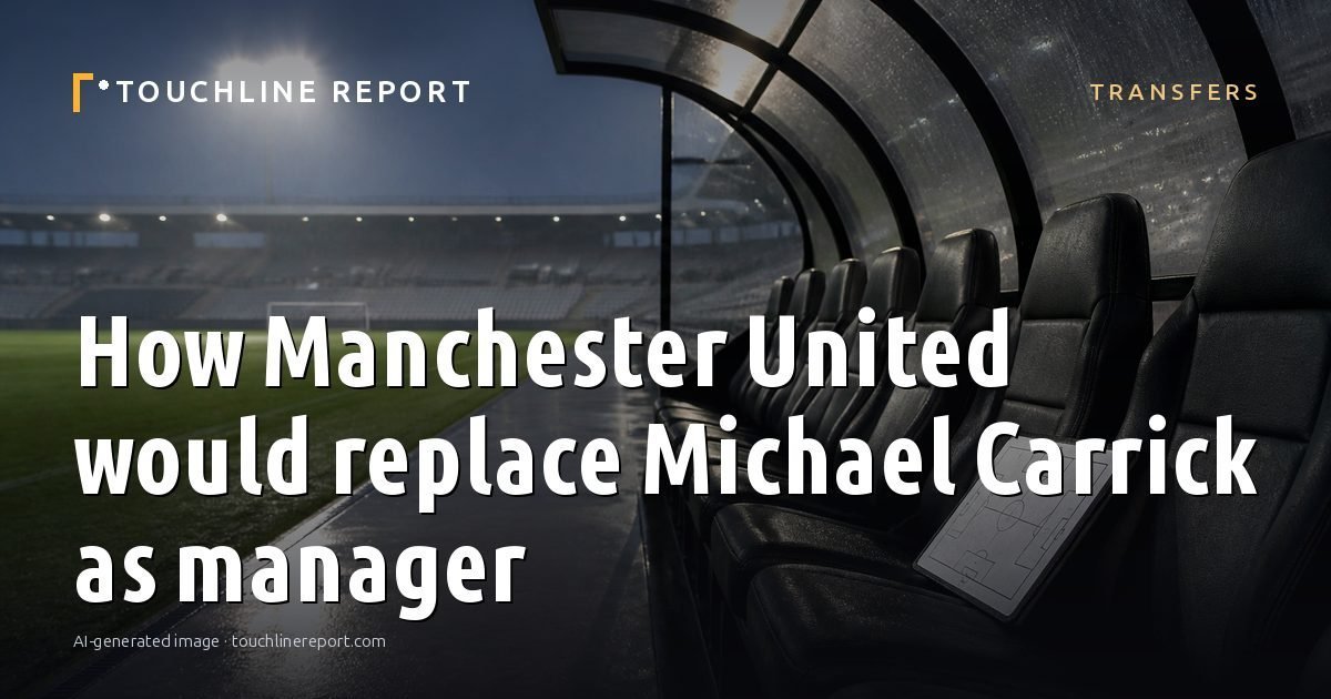 Illustration for the Transfers article “How Manchester United would replace Michael Carrick as manager”: an AI-generated editorial illustration showing an empty training ground at dawn with cones and markers laid out, with the headline set over it. Illustrative only, not a photograph of a real event.