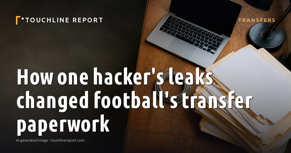 Illustration for the Transfers article “How one hacker's leaks changed football's transfer paperwork”: an AI-generated editorial illustration showing an empty training ground at dawn with cones and markers laid out, with the headline set over it. Illustrative only, not a photograph of a real event.
