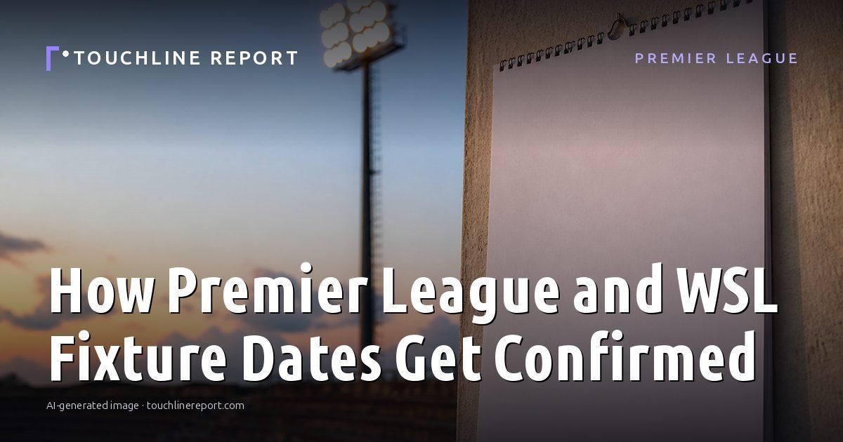 Illustration for the Premier League article “How Premier League and WSL Fixture Dates Get Confirmed”: an AI-generated editorial illustration showing an empty training ground at dawn with cones and markers laid out, with the headline set over it. Illustrative only, not a photograph of a real event.
