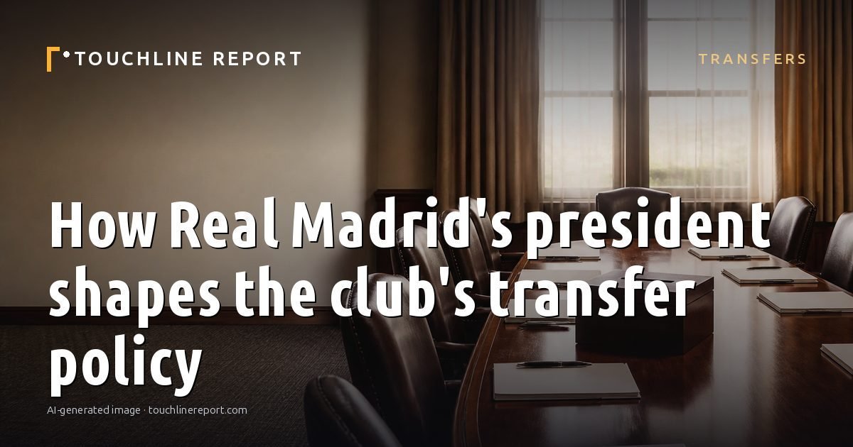 Illustration for the Transfers article “How Real Madrid's president shapes the club's transfer policy”: an AI-generated editorial illustration showing a scene illustrating the subject of the article, with the headline set over it. Illustrative only, not a photograph of a real event.