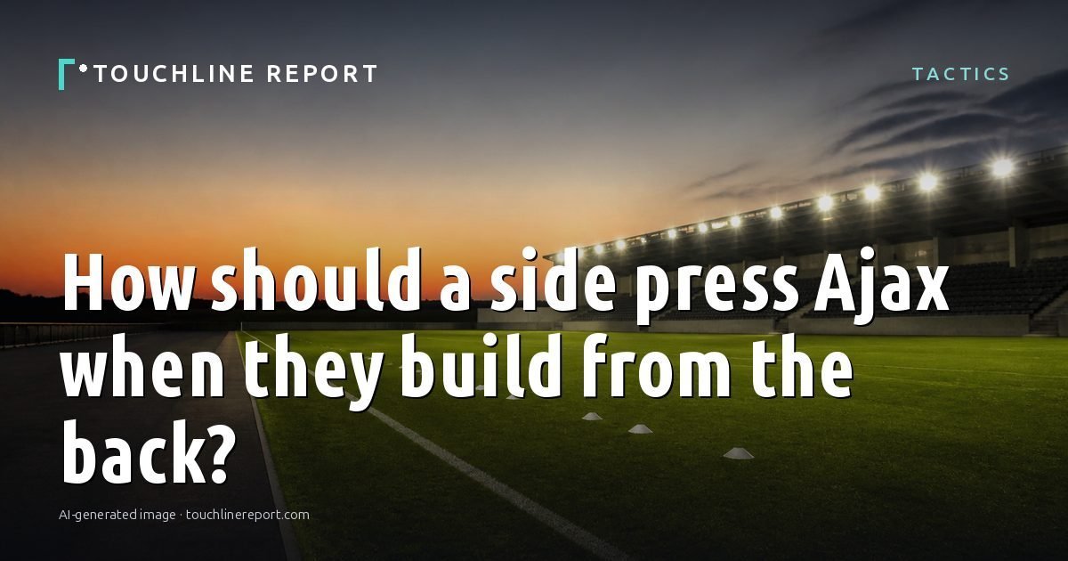 Illustration for the Tactics article “How should a side press Ajax when they build from the back?”: an AI-generated editorial illustration showing an empty training ground at dawn with cones and markers laid out, with the headline set over it. Illustrative only, not a photograph of a real event.