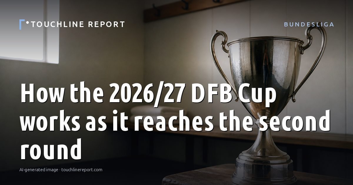Illustration for the Bundesliga article “How the 2026/27 DFB Cup works as it reaches the second round”: an AI-generated editorial illustration showing an empty training ground at dawn with cones and markers laid out, with the headline set over it. Illustrative only, not a photograph of a real event.