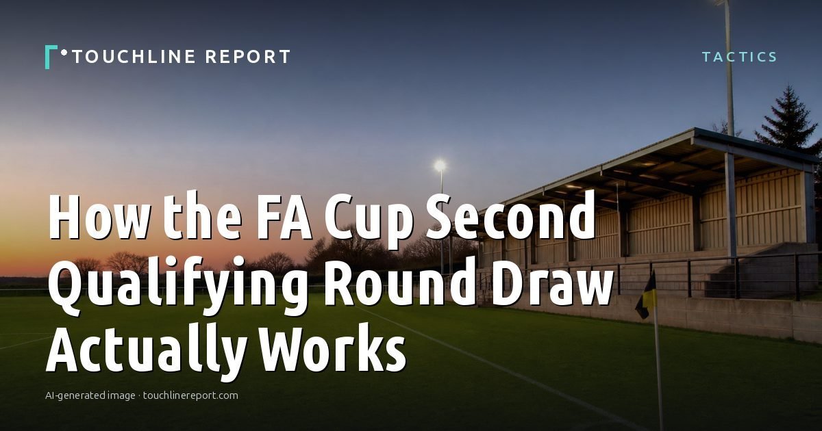 Illustration for the Tactics article “How the FA Cup Second Qualifying Round Draw Actually Works”: an AI-generated editorial illustration showing an empty training ground at dawn with cones and markers laid out, with the headline set over it. Illustrative only, not a photograph of a real event.