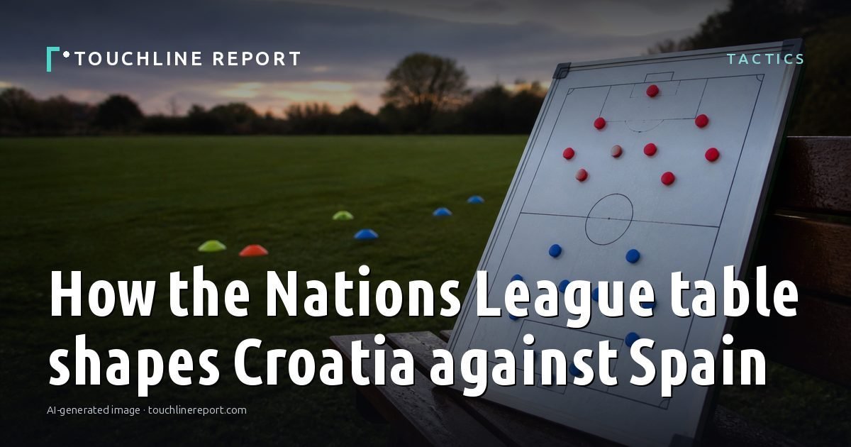 Illustration for the Tactics article “How the Nations League table shapes Croatia against Spain”: an AI-generated editorial illustration showing an empty training ground at dawn with cones and markers laid out, with the headline set over it. Illustrative only, not a photograph of a real event.