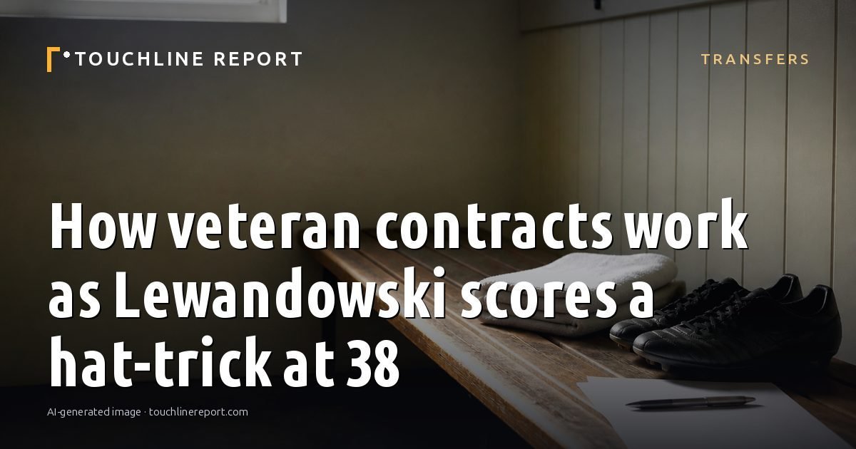 Illustration for the Transfers article “How veteran contracts work as Lewandowski scores a hat-trick at 38”: an AI-generated editorial illustration showing a scene illustrating the subject of the article, with the headline set over it. Illustrative only, not a photograph of a real event.