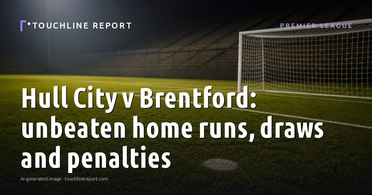 Illustration for the Premier League article “Hull City v Brentford: unbeaten home runs, draws and penalties”: an AI-generated editorial illustration showing a scene illustrating the subject of the article, with the headline set over it. Illustrative only, not a photograph of a real event.