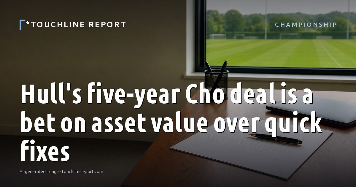 Illustration for the Championship article “Hull's five-year Cho deal is a bet on asset value over quick fixes”: an AI-generated editorial illustration showing a scene illustrating the subject of the article, with the headline set over it. Illustrative only, not a photograph of a real event.