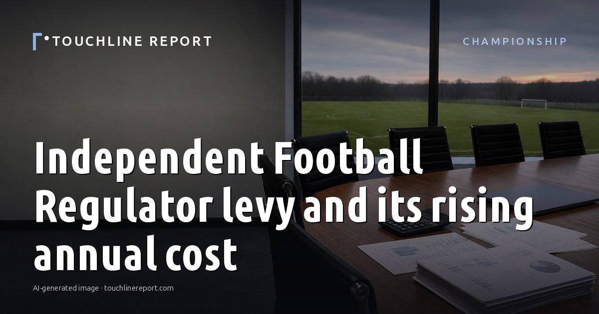 Illustration for the Championship article “Independent Football Regulator levy and its rising annual cost”: an AI-generated editorial illustration showing an empty training ground at dawn with cones and markers laid out, with the headline set over it. Illustrative only, not a photograph of a real event.