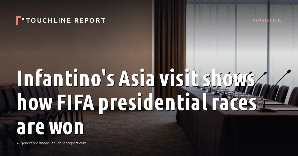Illustration for the Opinion article “Infantino's Asia visit shows how FIFA presidential races are won”: an AI-generated editorial illustration showing an empty training ground at dawn with cones and markers laid out, with the headline set over it. Illustrative only, not a photograph of a real event.