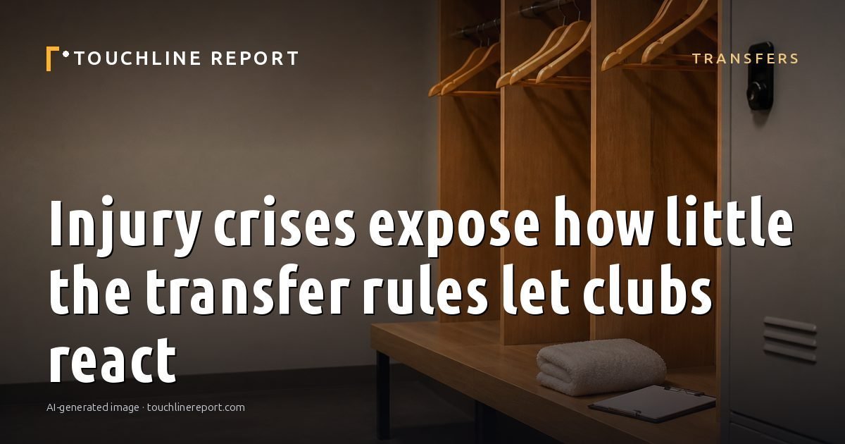 Illustration for the Transfers article “Injury crises expose how little the transfer rules let clubs react”: an AI-generated editorial illustration showing a scene illustrating the subject of the article, with the headline set over it. Illustrative only, not a photograph of a real event.
