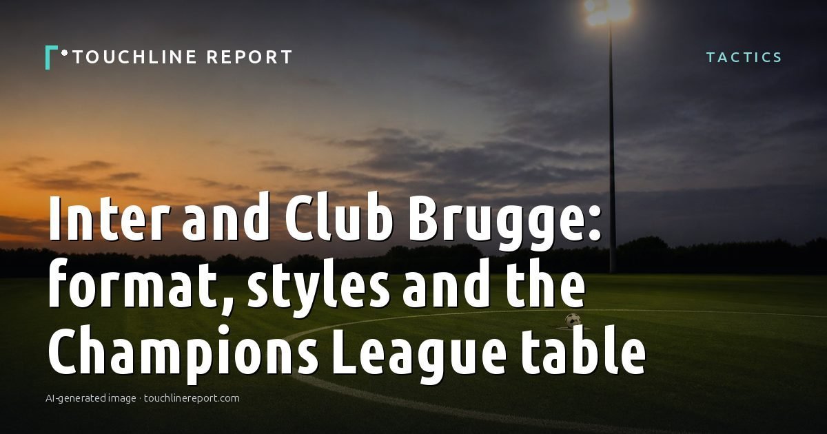 Illustration for the Tactics article “Inter and Club Brugge: format, styles and the Champions League table”: an AI-generated editorial illustration showing an empty training ground at dawn with cones and markers laid out, with the headline set over it. Illustrative only, not a photograph of a real event.