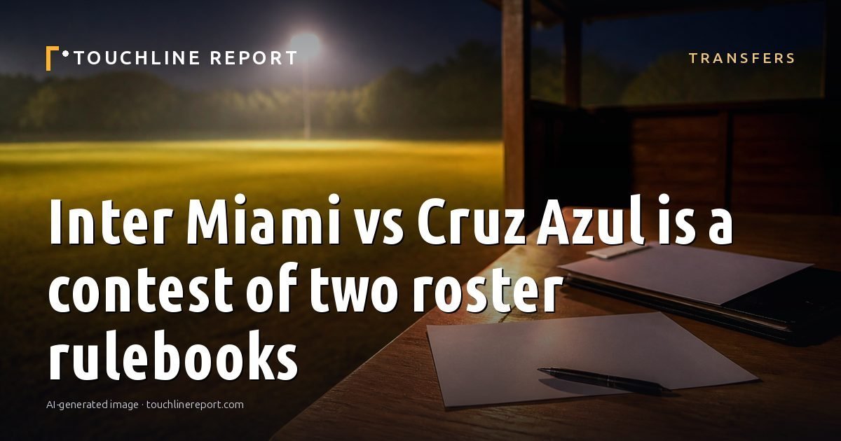 Illustration for the Transfers article “Inter Miami vs Cruz Azul is a contest of two roster rulebooks”: an AI-generated editorial illustration showing a scene illustrating the subject of the article, with the headline set over it. Illustrative only, not a photograph of a real event.