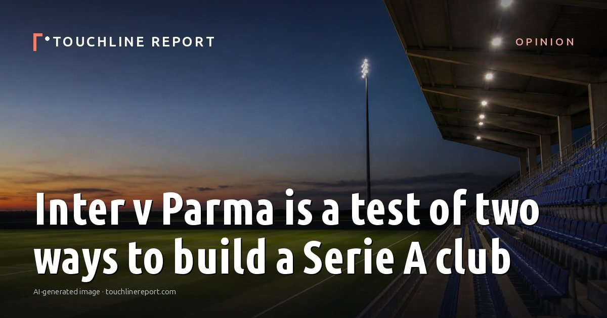 Illustration for the Opinion article “Inter v Parma is a test of two ways to build a Serie A club”: an AI-generated editorial illustration showing an empty training ground at dawn with cones and markers laid out, with the headline set over it. Illustrative only, not a photograph of a real event.