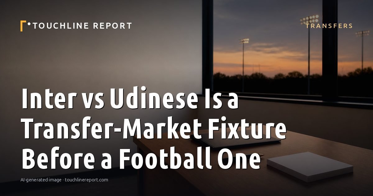 Illustration for the Transfers article “Inter vs Udinese Is a Transfer-Market Fixture Before a Football One”: an AI-generated editorial illustration showing an empty training ground at dawn with cones and markers laid out, with the headline set over it. Illustrative only, not a photograph of a real event.